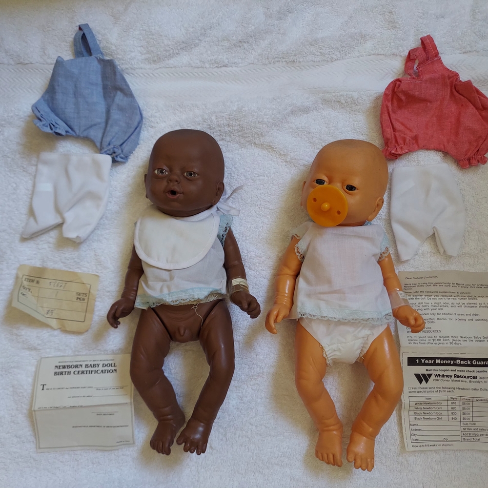 Pair of Vintage Newborn Baby Dolls with Outfits - And Birth Certificates